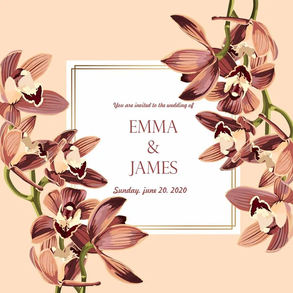 Botanische Hochzeitseinladungskarte Vorlage Design Beige Orchideenblüten Zweig Vintage Stil — Stockvektor