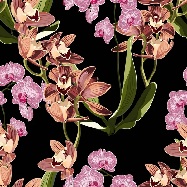 Aquarel Stijl Roze Bloemen Bruine Orchidee Naadloos Patroon Decoratieve Achtergrond — Stockvector