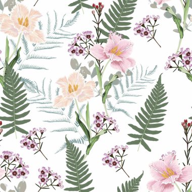 Bahar çiçekleri. Çiçeklerin dikişsiz deseni. Doğulu tarzı. Laleler ve şifalı otlar. Tekstil, kağıt, duvar kağıdı için renkli arkaplan.