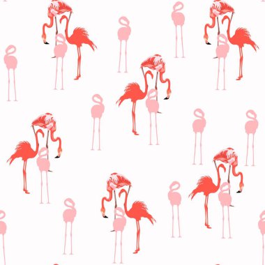 Pembe flamingo, beyaz arka plan. Çiçeksiz desen. Tropik illüstrasyon. Egzotik kuşlar. Yaz plajı tasarımı. Cennet doğası.