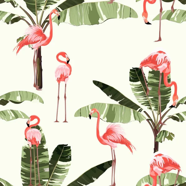 Pink Flamingo Exotic Banana Tree Yellow Background Floral Seamless Pattern — Stock Vector