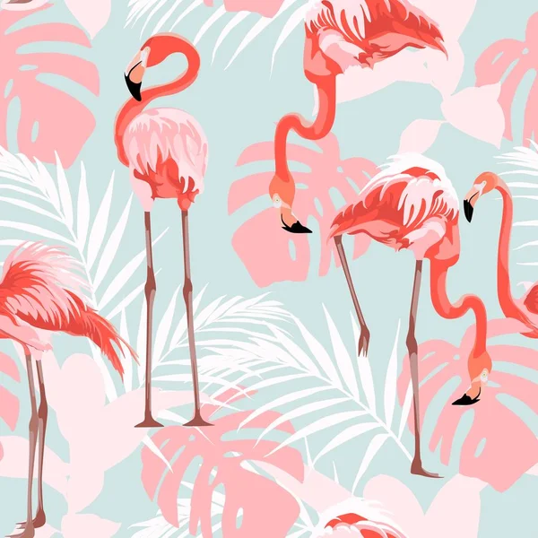 Flamingo Rosa Folhas Gráficas Palma Fundo Azul Padrão Sem Costura — Vetor de Stock