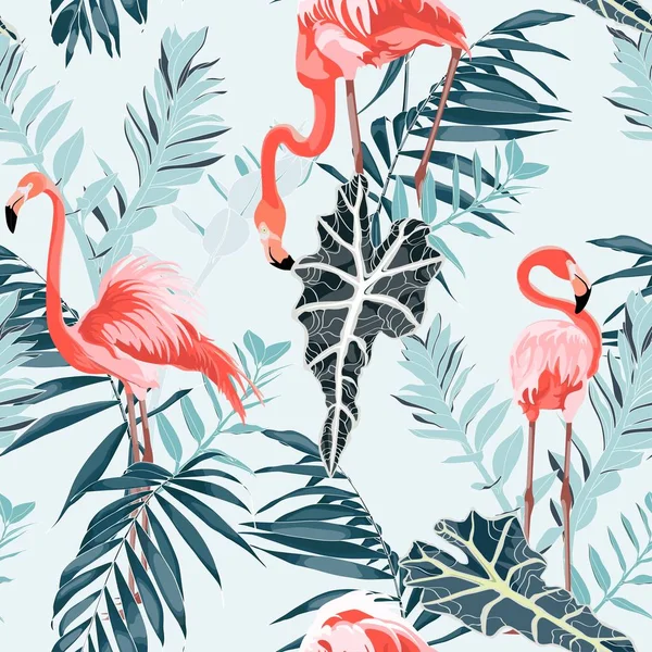 Pink Flamingo Exotic Blue Leaves Blue Background Floral Seamless Pattern — Stock Vector