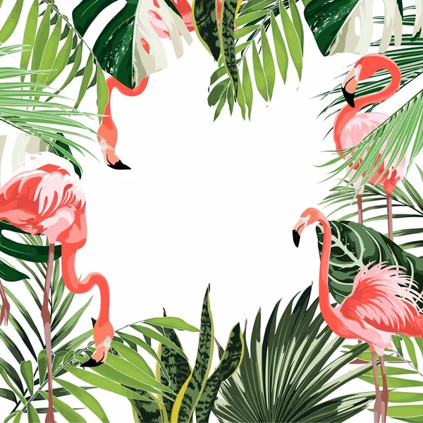 Райские Розовые Птицы Фламинго Экзотическими Листьями Карточный Шаблон Рамка Детальная — стоковый вектор