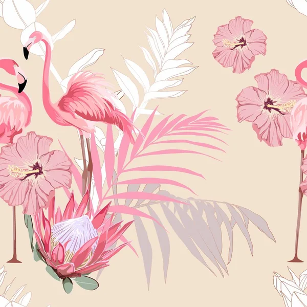 Pink flamingo and exotic flowers, palm leaves, yellow background. Floral seamless pattern. Tropical illustration. Exotic plants, birds. Summer beach design. Paradise nature.