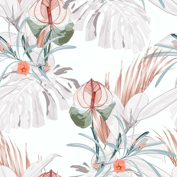 Seamless tropical exotic flowers and Ficus Elastica and leaves pattern on light background.  Exotic print. Vintage motives.