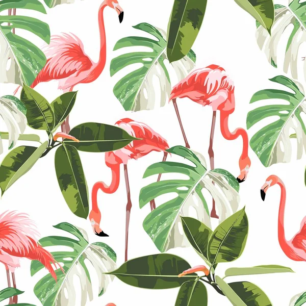 Rosa Flamingo Och Exotiska Proteablommor Blommigt Sömlöst Mönster Tropisk Illustration — Stock vektor