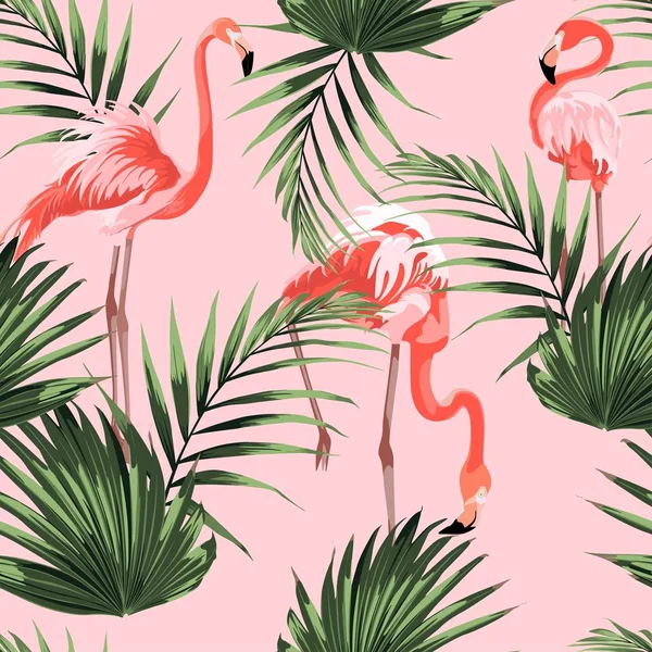 ピンクフラミンゴやエキゾチックなプロティーの花 花のシームレスなパターン 熱帯イラスト エキゾチックな植物 夏のビーチデザイン 楽園の自然 — ストックベクタ