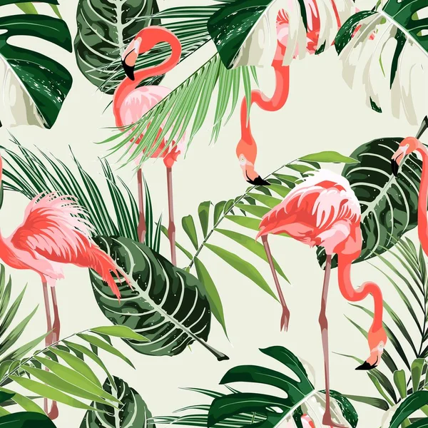 粉色火烈鸟和异国情调的波拉花植物无缝图案 热带插图 异国植物 夏季海滩设计 天堂自然 — 图库矢量图片