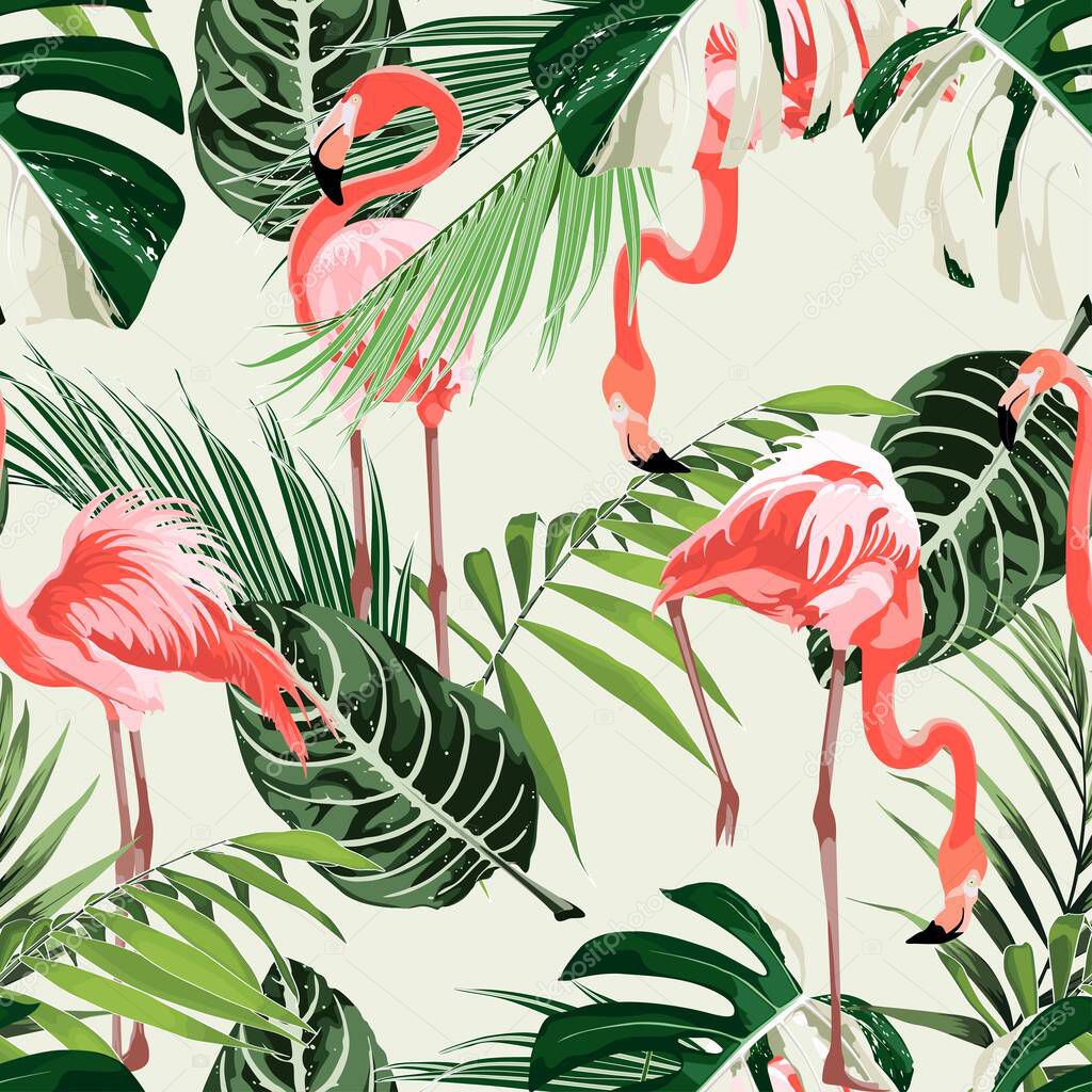 Pink flamingo and exotic protea flowers. Floral seamless pattern. Tropical illustration. Exotic plants, birds. Summer beach design. Paradise nature.