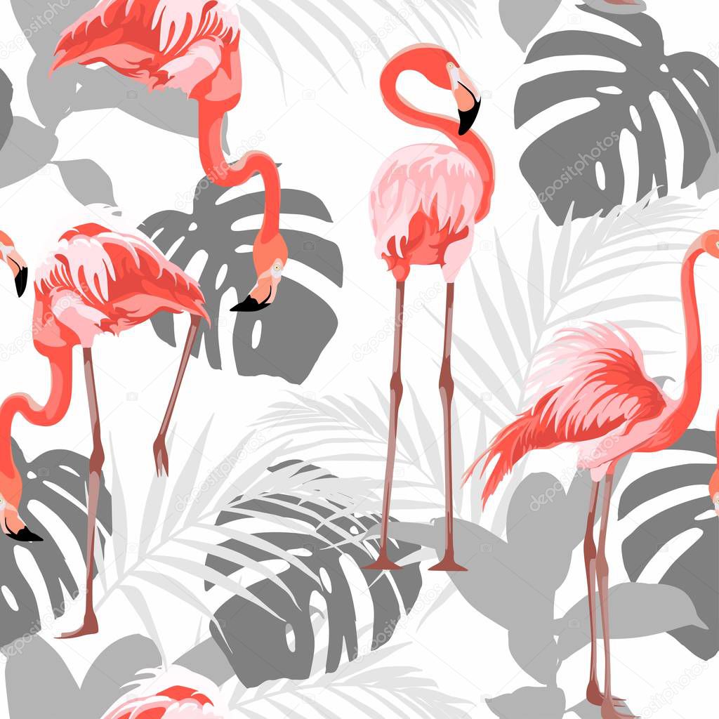 Pink flamingo, grey graphic palm leaves, white background. Floral seamless pattern. Tropical illustration. Exotic plants, birds. Summer beach design. Paradise nature.