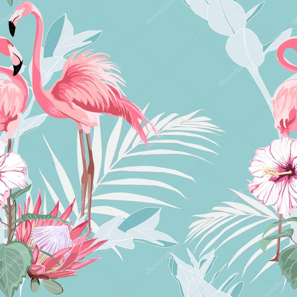 Pink flamingo, graphic palm leaves and hibiscus flowers, blue background. Floral seamless pattern. Tropical illustration. Exotic plants, birds. Summer beach design. Paradise nature.