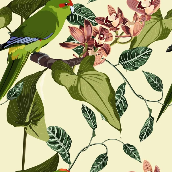 Papagei Auf Nahtlosem Blumenmuster — Stockvektor