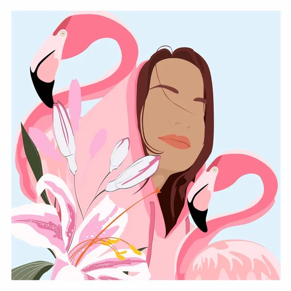 Verano Linda Ilustración Una Mujer Con Flores Flmingo Lirios Jóvenes — Vector de stock