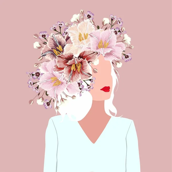Primavera Linda Ilustración Una Mujer Con Flores Guirnalda Los Jóvenes — Vector de stock
