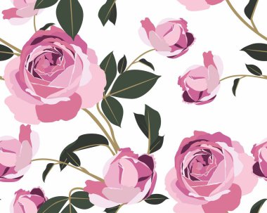 Sefil, şık gül desenli. Çiçeksiz pembe çiçekleri beyaz arka planda bırak. Grafiksel vintage baskı. Kumaş için küçük çiçek deseni.