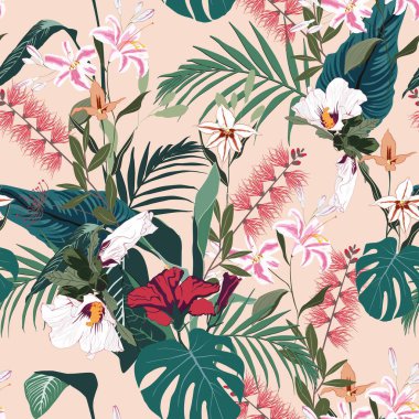 Kusursuz tropikal zambaklar, protea ve diğer egzotik çiçek desenleri. Açık bej arka planda tropik çiçekler ve yapraklar. Egzotik parmak izi. Eski motifler.