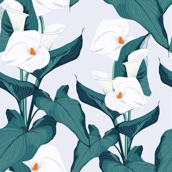 Nahtlose Blaue Calla Lilien Blühen Und Blätter Hintergrund Elegante Mode — Stockvektor