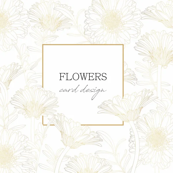 Golden Greeting Invitation Card Template Design Gerbera Flowers Hand Drawn — Stock vektor