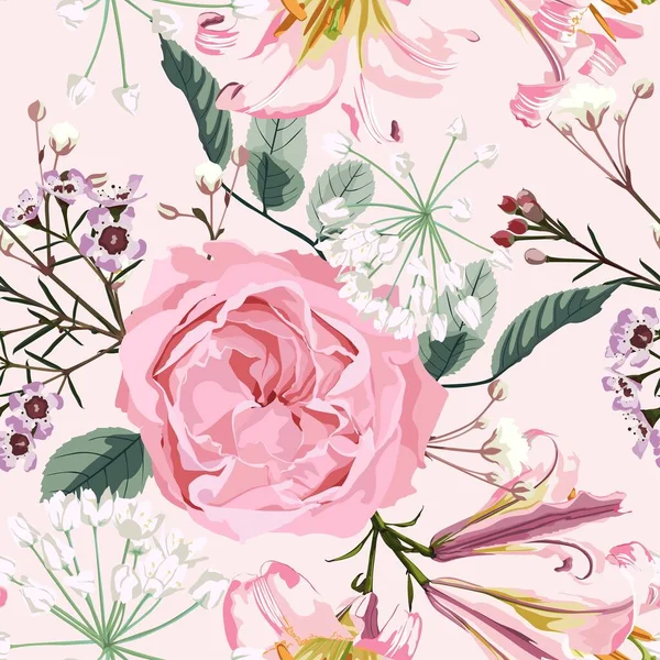 Квітковий Безшовний Візерунок Акварельним Стилем Рожеві Троянди Лілії Квітучими Травами — стоковий вектор