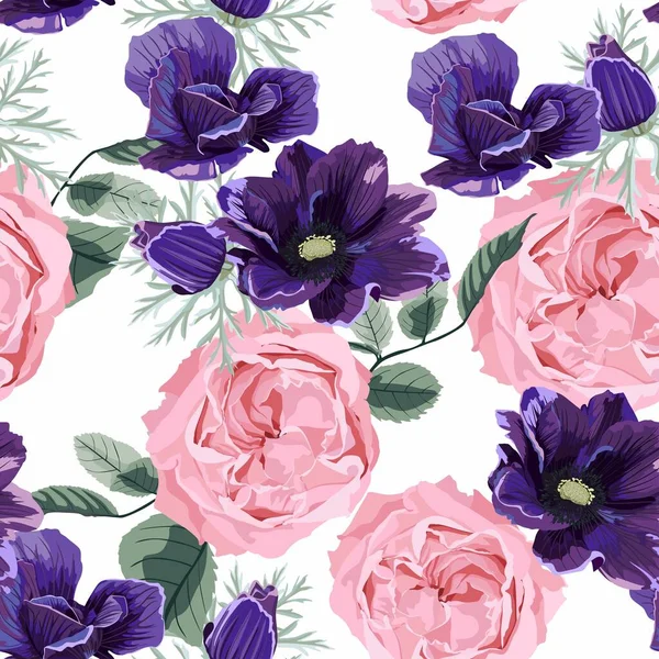 Floral Αδιάλειπτη Μοτίβο Υδατογραφία Στυλ Ροζ Τριαντάφυλλα Και Βιολετί Ανεμώνες — Διανυσματικό Αρχείο