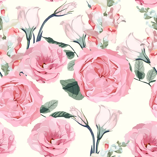 Floral Seamless Pattern Watercolor Style Pink Roses Many Kind Blooming — Stock Vector