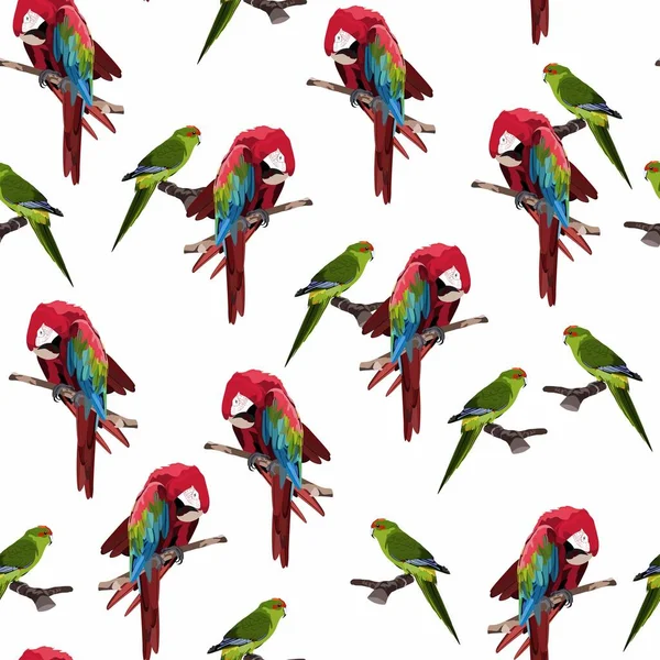 Roter Papagei Mit Nahtlosem Muster Auf Weißem Hintergrund Für Tapete — Stockvektor