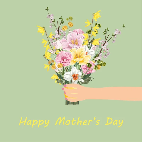 Χαρούμενη Μέρα Μητέρας Πρότυπο Κάρτα Πολλά Είδη Λουλουδιών Άνοιξη Μπουκέτο — Διανυσματικό Αρχείο