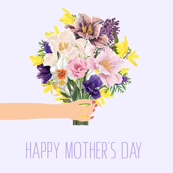 Χαρούμενη Μέρα Μητέρας Πρότυπο Κάρτα Πολλά Είδη Λουλουδιών Άνοιξη Μπουκέτο — Διανυσματικό Αρχείο
