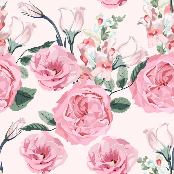 水彩風のピンクのバラと多くの種類の開花庭の花と花のシームレスなパターン 葉を持つ手描きの花の花束の背景 — ストックベクタ
