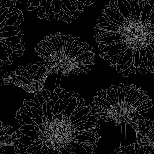 Бесшовный узор с нарисованными вручную цветами герберы в стиле эскиза. Черная линия природного фона. Ромашка, хризантема, гербера
.