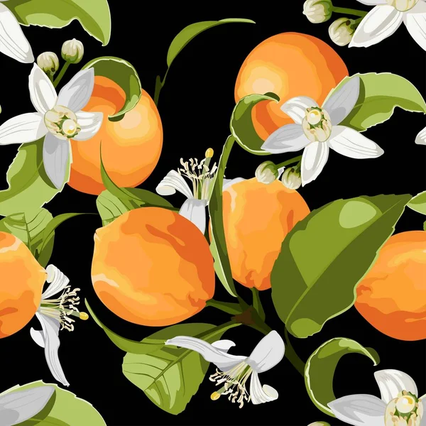 Citrus Nahtlose Muster Mit Orangefarbenen Fruchtzweig Mit Blüten Hintergrundgestaltung Für — Stockvektor