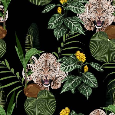 Kaplan leoparı ve egzotik tropikal yapraklarla renklendirilmiş çiçek deseni. Koyu arkaplanda moda süsü.