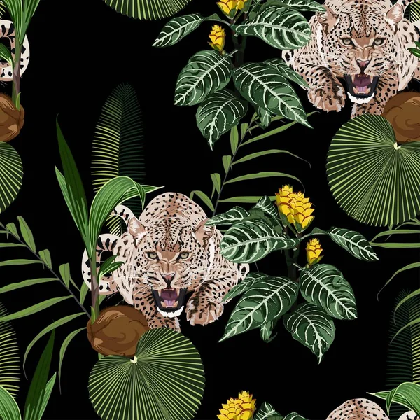 Kaplan leoparı ve egzotik tropikal yapraklarla renklendirilmiş çiçek deseni. Koyu arkaplanda moda süsü.