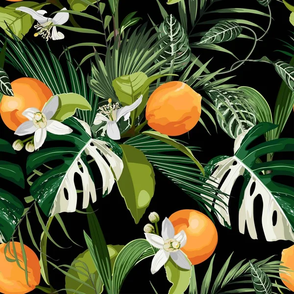花やエキゾチックな熱帯の葉を持つオレンジの果実の枝と柑橘類のシームレスなパターン 暗い背景デザイン 包装紙に最適です — ストックベクタ