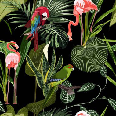 Tropik kuşlar papağan, flamingo, bitki yaprakları, soyut renk siyah arka plan. Kusursuz desen.