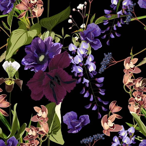 热带植物无缝图案背景 有奇异的深色花 棕榈叶 丛林中叶 紫锥菊花 郁金香 夏威夷风格的植物学壁纸插图 — 图库矢量图片