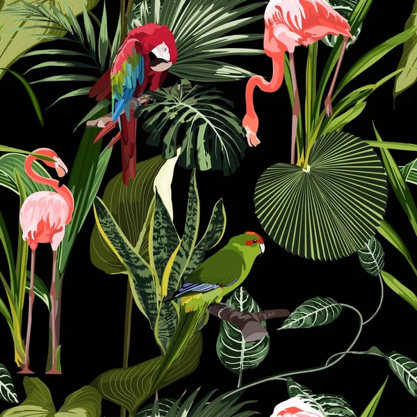 Tropičtí Ptáci Papoušek Plameňák Listy Rostlin Abstraktní Barva Černého Pozadí — Stockový vektor