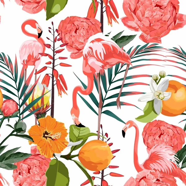 Tropiska Orange Blommor Trädgård Pion Djungel Växter Orange Flamingos Sömlös — Stock vektor