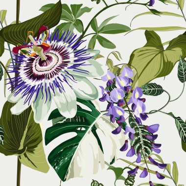 Tutkulu tropik çiçekler ve meyveler. Passiflora, morsalkım ve tropikal yapraklar ışık arka planında pürüzsüz bir desen oluşturuyor..