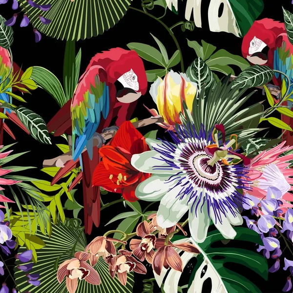 Pássaros Tropicais Papagaio Plantas Exóticas Selva Folhas Flores Abstrato Sem — Vetor de Stock