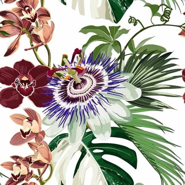 Passiebloem Tropische Bloemen Vele Soorten Orchideeën Passiflora Naadloos Patroon Witte — Stockvector