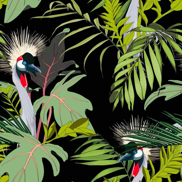 Piękny Bezszwowy Kwiatowy Wzór Tło Egzotycznych Ptaków Liści Palmy Idealny — Wektor stockowy