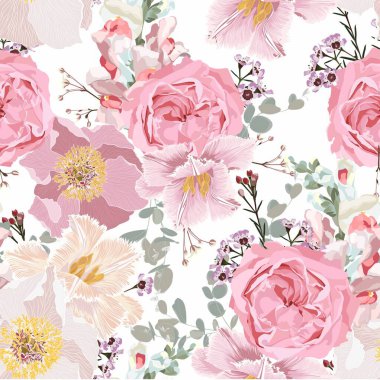 Detaylı elle çizilmiş çiçekleri olan klasik lüks desenler. Çiçek açan şakayıklar, güller, laleler ve bitkiler..