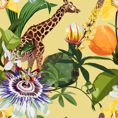 Egzotik yaz baskısı. Hindistancevizi palmiyesi, zürafa, tutku çiçeği, orkide, portakal aromalı illüstrasyon. Eski arkaplan.
