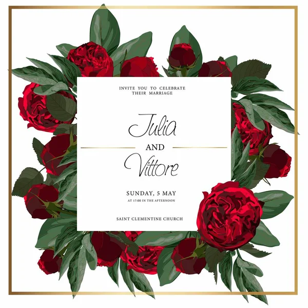 Bröllopsinbjudan Kort Med Röda Blommor Steg Och Blad Blommor Trendiga — Stock vektor