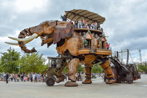 NANTES, FRANCE - JULY 1, 2017: The Machines of the Isle of Nantes (Les Machines de l'île) is an artistic, touristic and cultural project based in Nantes, France. Summer Fun for children and adults.