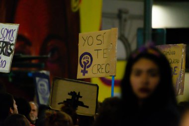 MADRID, SPAIN - MARCH 8, 2019: Massive feminist protest on 8M in favour of women's rights and equality in society. Protest posters could be seen during the demonstration, in Madrid, Spain on March 8, 