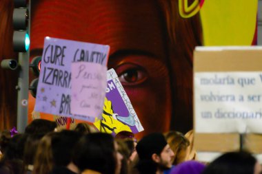 MADRID, SPAIN - MARCH 8, 2019: Massive feminist protest on 8M in favour of women's rights and equality in society. Protest posters could be seen during the demonstration, in Madrid, Spain on March 8, 
