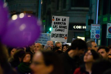 MADRID, SPAIN - MARCH 8, 2019: Massive feminist protest on 8M in favour of women's rights and equality in society. Protest posters could be seen during the demonstration, in Madrid, Spain on March 8, 